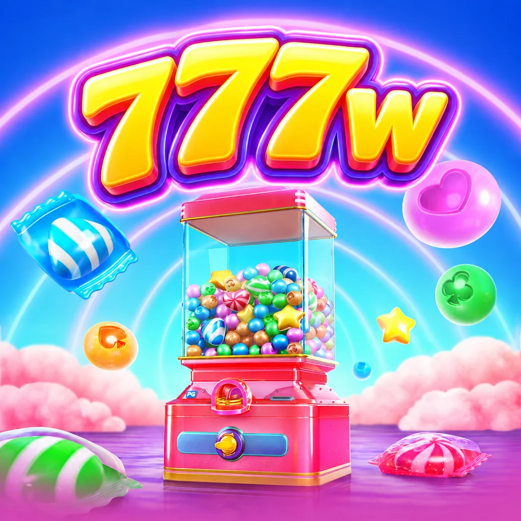 Mesin permen warna-warni berlatar pelangi dalam game Candy Superwin dengan logo 777w